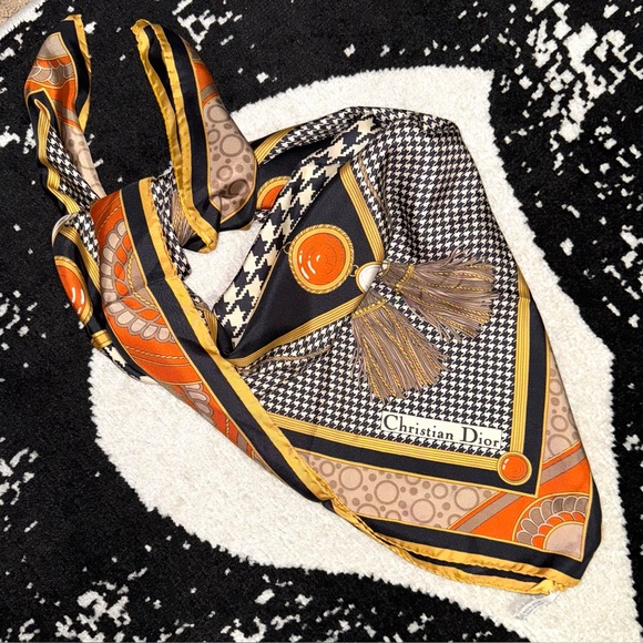 Christian Dior AUTHENTIC Herringbone Logo Vintage Silk Scarf Navy Orange Cream - Picture 2 of 16